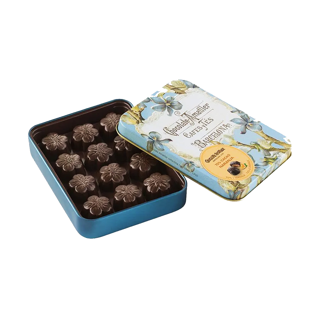 Конфеты в тёмном шоколаде 70% с апельсиновой начинкой в жестяной коробке
