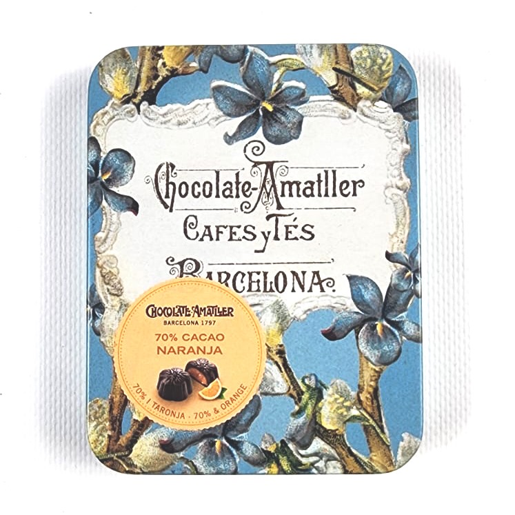 Конфеты в тёмном шоколаде 70% с апельсиновой начинкой в жестяной коробке