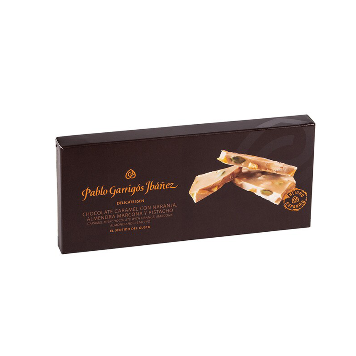 Карамельный шоколад с апельсином, миндалём Маркона и фисташками
