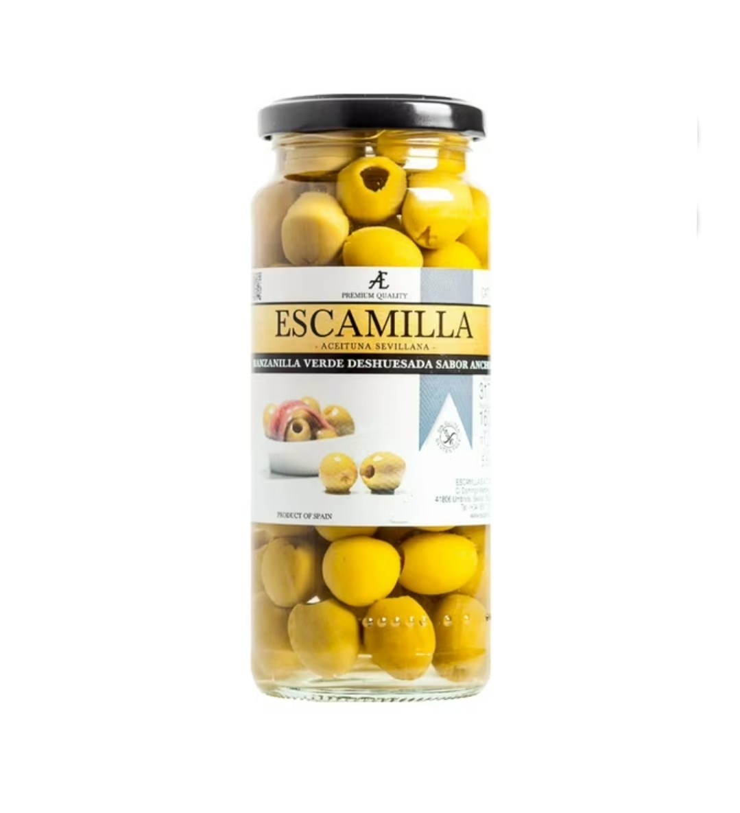 Оливки зелёные без косточки со вкусом анчоуса Escamilla, 340г / Испания
