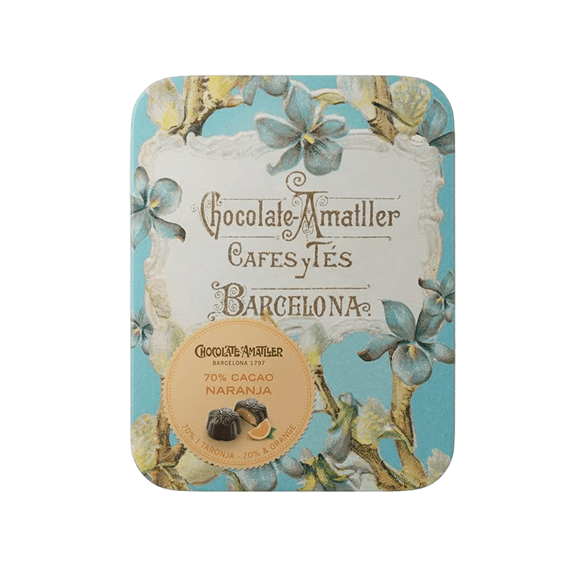 Конфеты в тёмном шоколаде 70% с апельсиновой начинкой в жестяной коробке